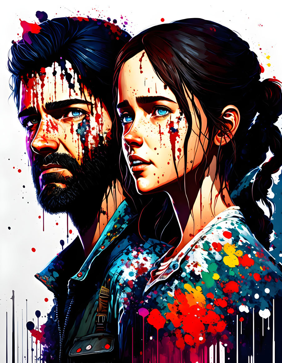 Man and girl illustration: Intense expressions, vibrant colors, dark backdrop, camaraderie and resilience