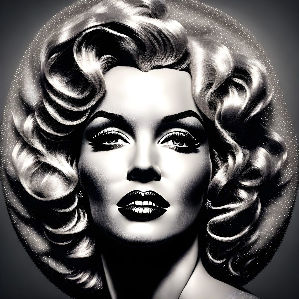 Monochrome image of woman with Hollywood glamour style and wavy hair