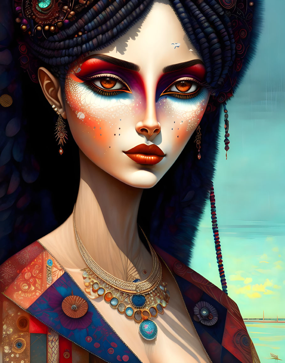 Illustrated woman with striking eyes and vibrant makeup against blue sky.