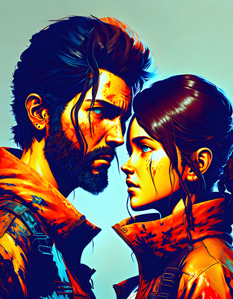 Intense digital artwork of man and young female with vibrant colors