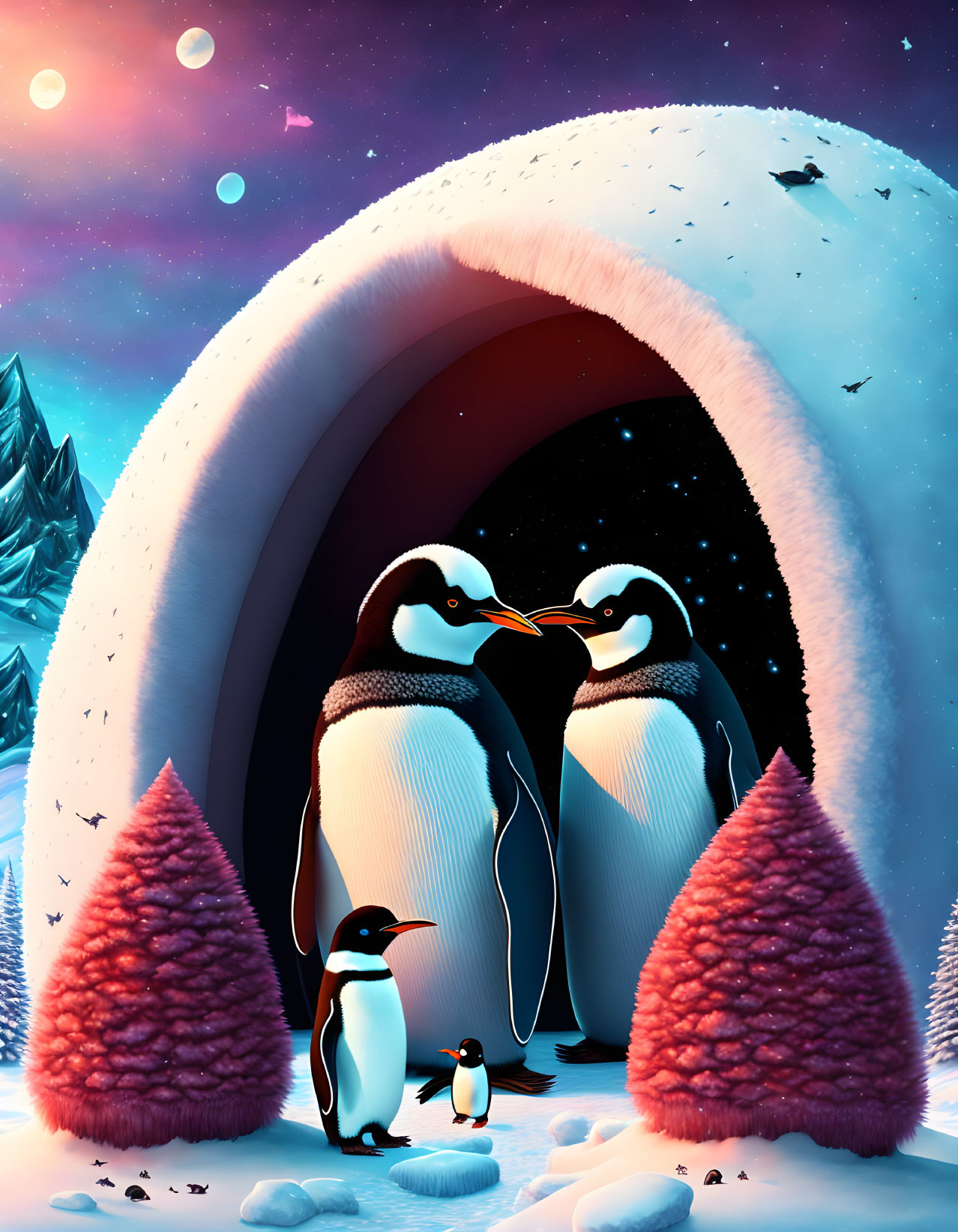 Penguins near igloo under starry sky with colorful trees and snowfall