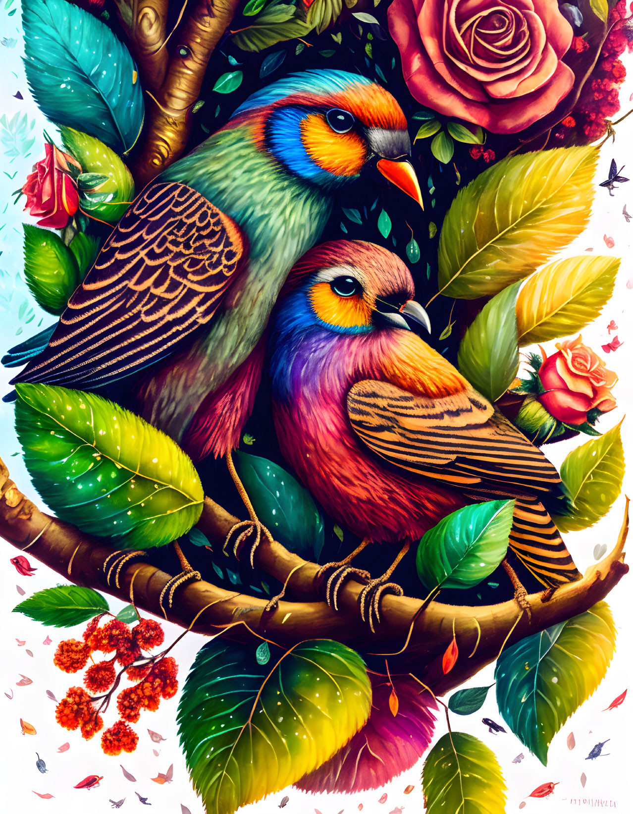 Colorful Birds Perched on Tree Branch with Green Leaves and Red Roses