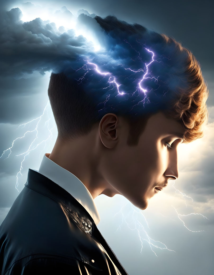 Digital artwork: person profile with storm cloud & lightning as head.