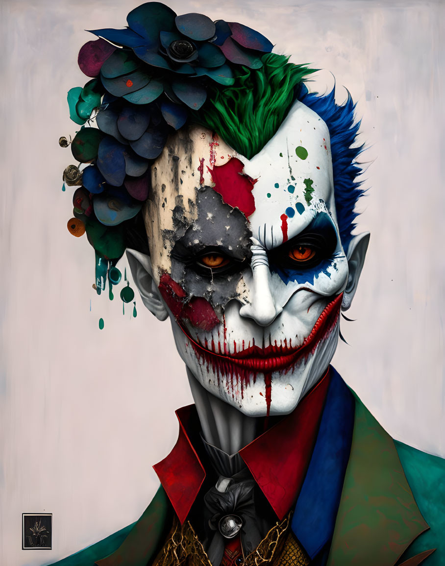 Colorful Clown-Like Character with Sinister Smile and Flower Crown