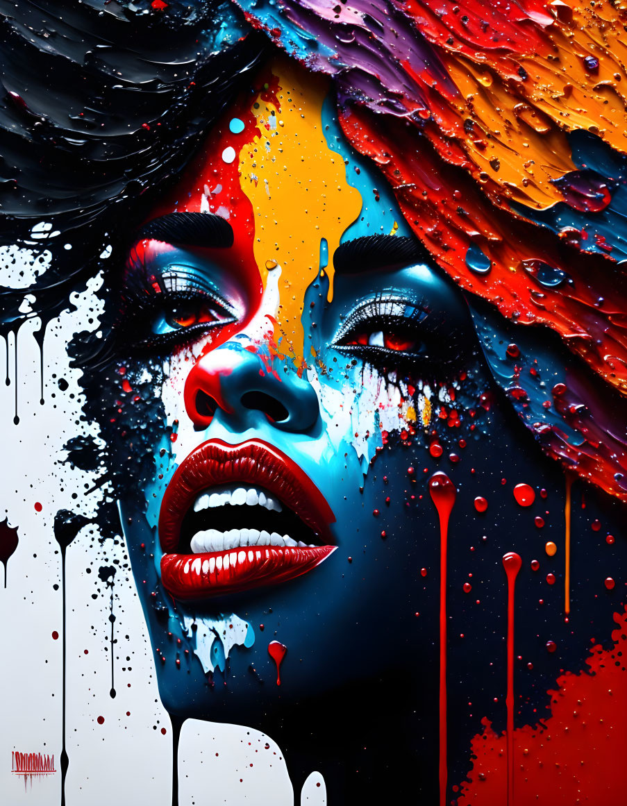 Colorful digital artwork: Woman's face with dripping paint