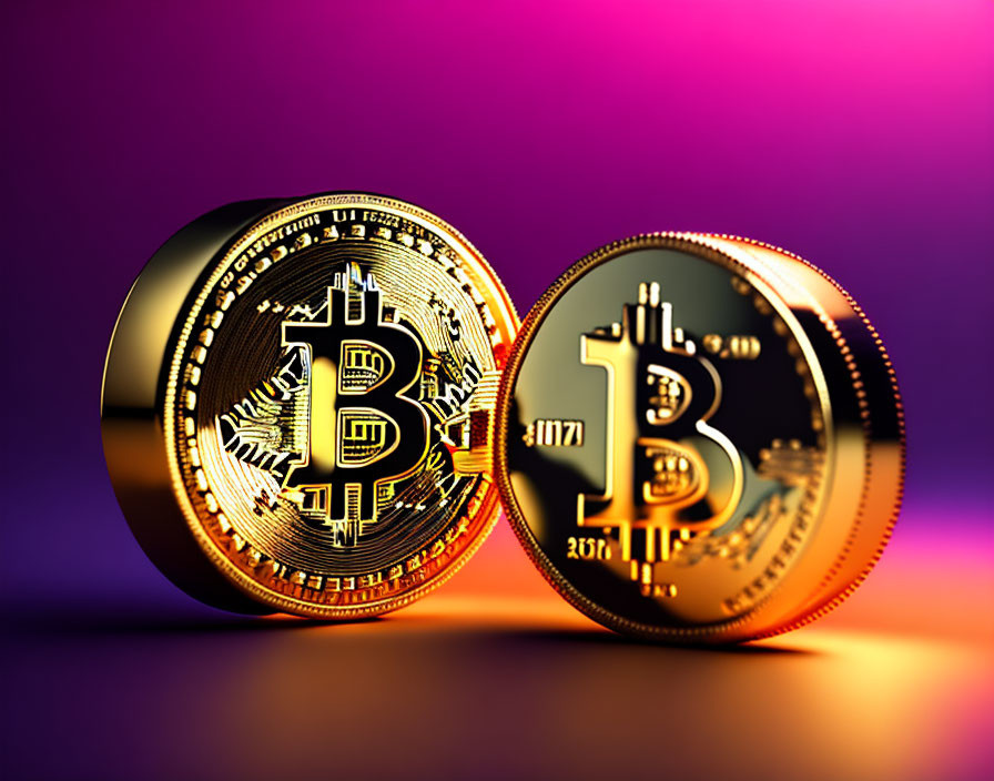 Golden Bitcoin Coins on Purple-Orange Gradient Background