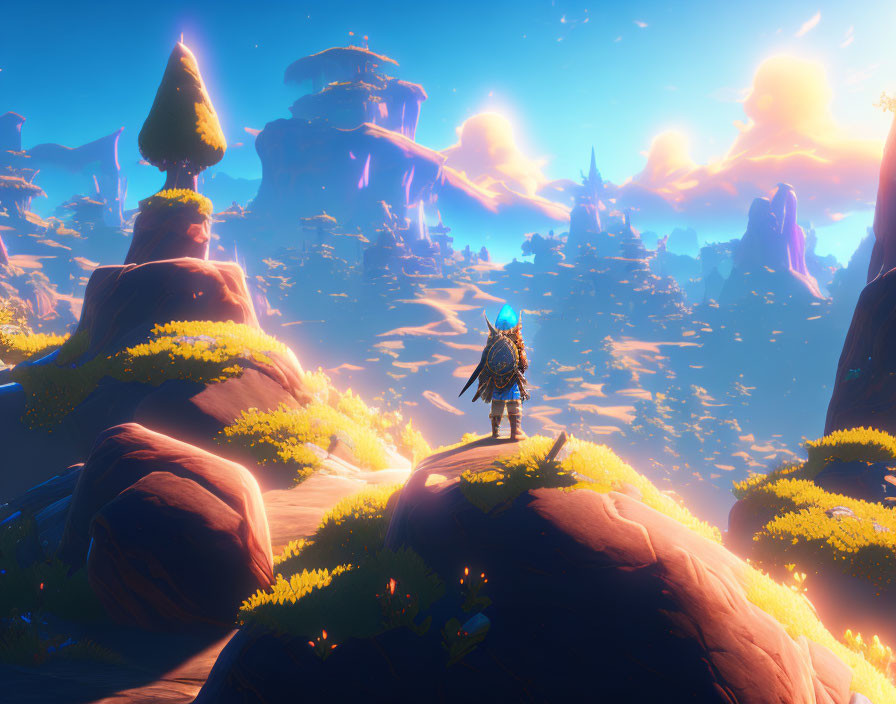 Character on rocky outcrop gazes at vibrant fantasy landscape