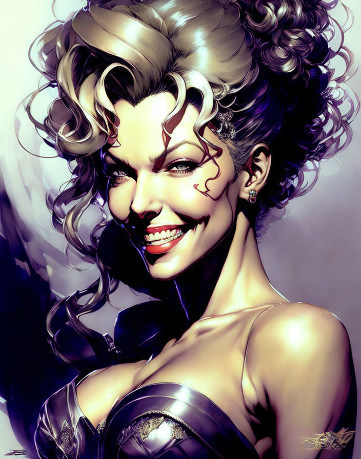 Illustration of woman with voluminous curly hair and wide smile wearing strapless top