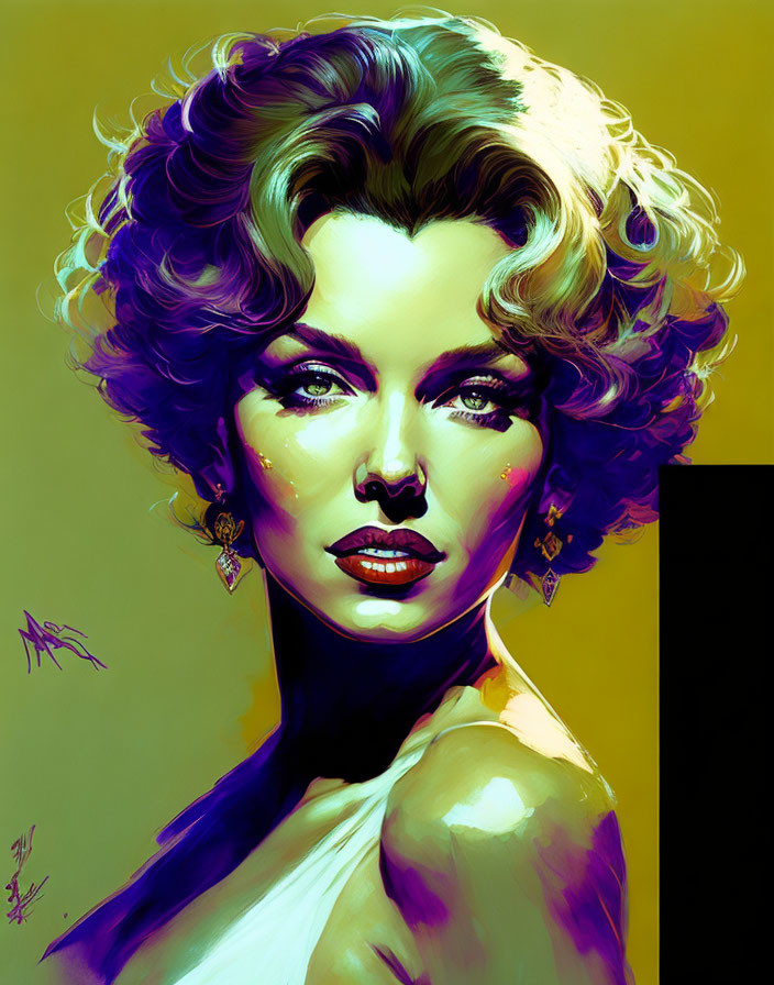Vibrant digital artwork of a woman with curly hair and striking makeup in yellow and purple hues