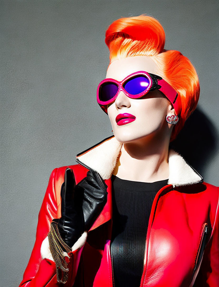 Vibrant woman in orange hair, pink sunglasses, red-black jacket, gold gloves on grey background