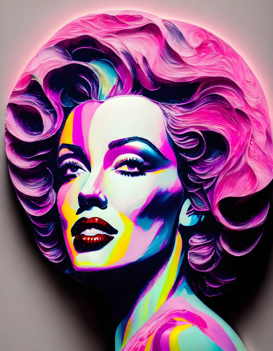 Vibrant portrait of a woman with voluminous hair and colorful makeup