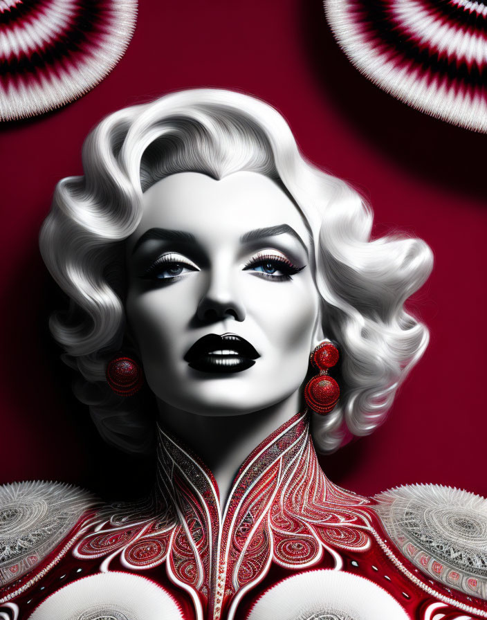 Stylized woman in vintage makeup and hairstyle on red backdrop.