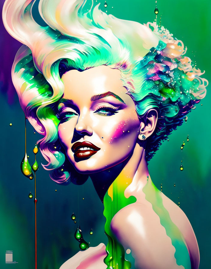 Colorful digital artwork of a woman with flowing hair and paint drips on green background