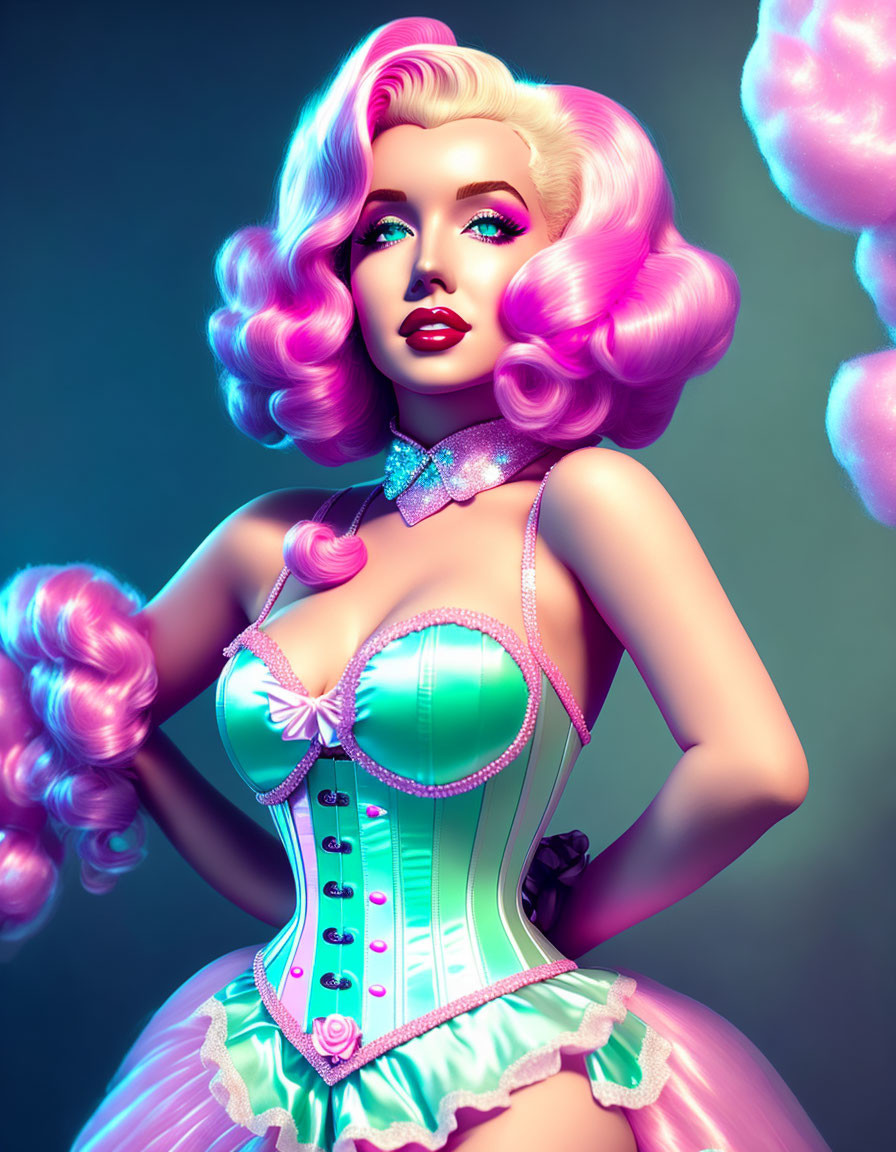 Stylized illustration of woman with pink hair in corset and bow tie on dark background
