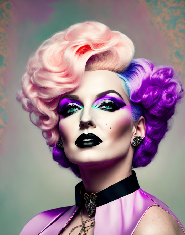 Avant-garde makeup look with vibrant hair and bold eye makeup