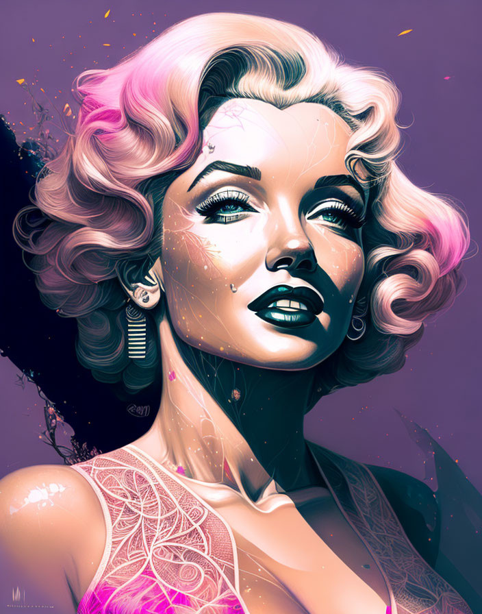 Vivid illustration: woman with pink hair, bold makeup, tattoo, cosmic purple background.