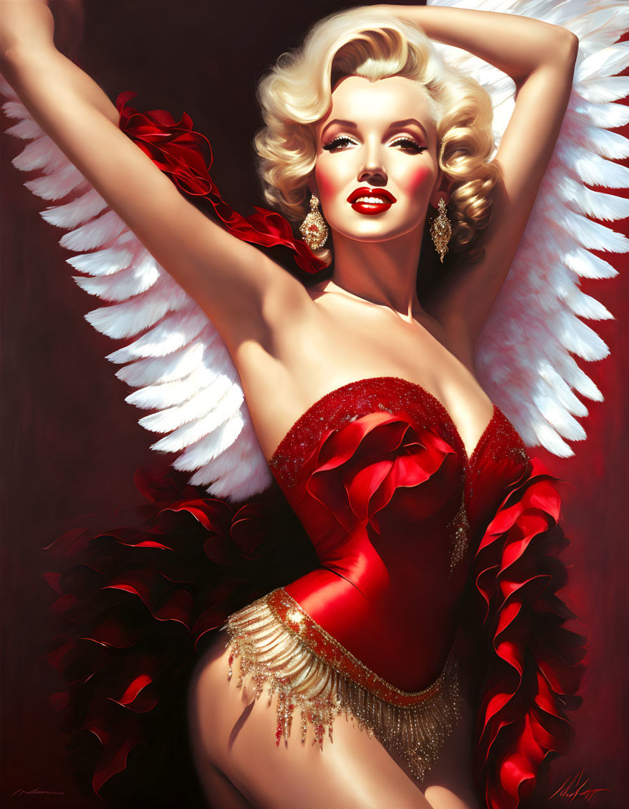 Blonde woman in red dress with feather details and wings spread