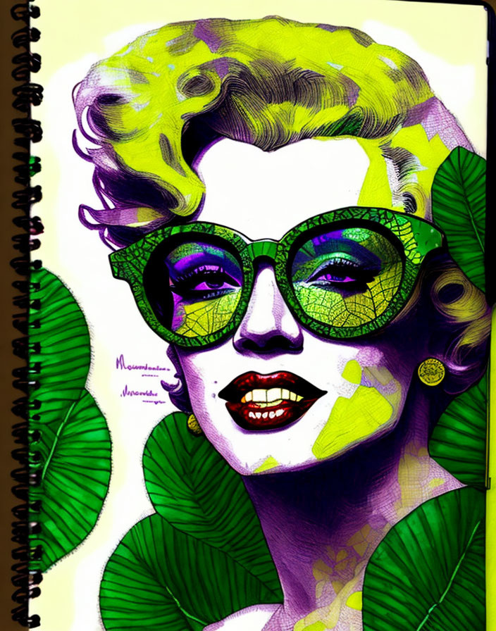 Vibrant artistic illustration of woman with blonde hair and green sunglasses in tropical setting