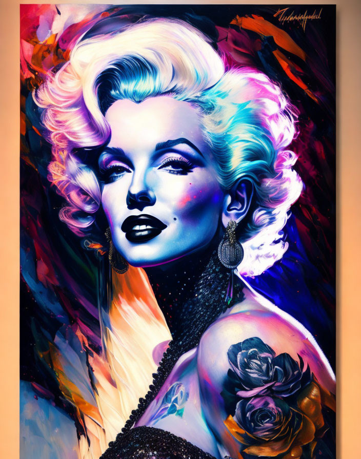 Colorful Neon-Lit Portrait of Woman with Blonde Hair and Rose Tattoo