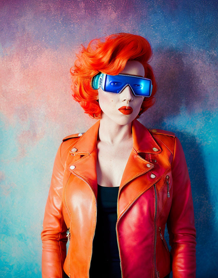 Bright Red-Haired Woman in Sunglasses with Orange Jacket on Blue Background