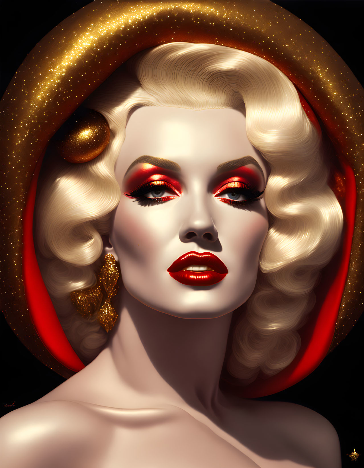 Golden blonde hair woman with bold red lips and eyeshadow on dark background.