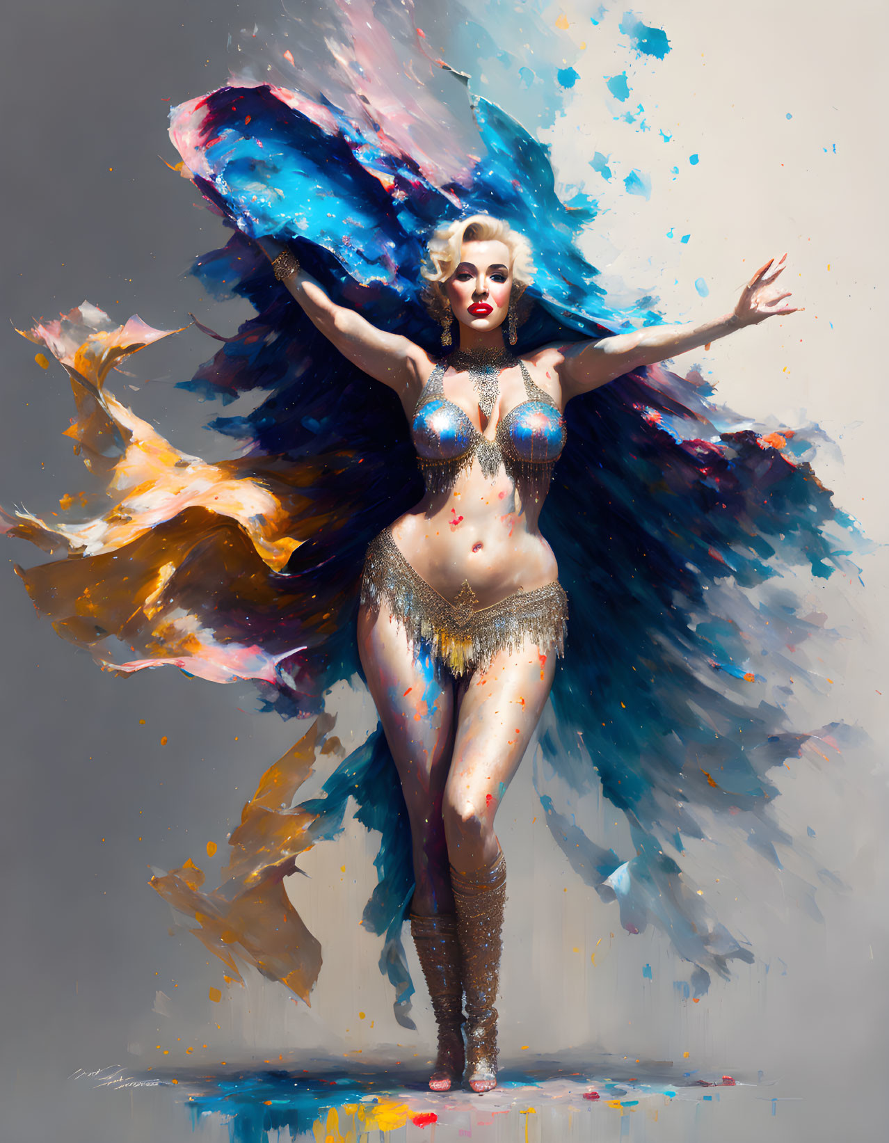 Colorful digital artwork of a woman with paint wings and vintage costume