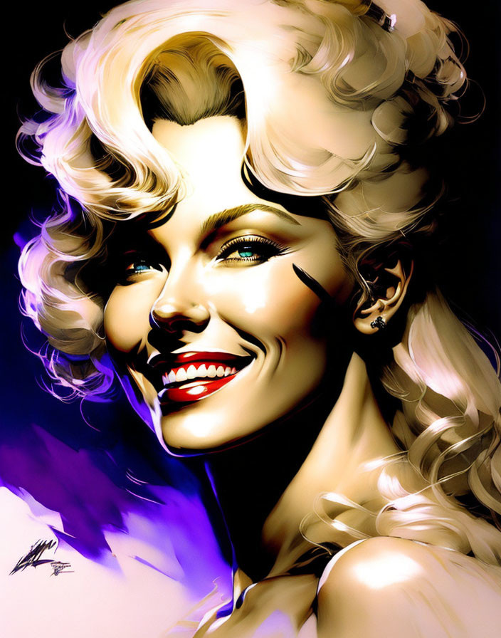 Portrait of smiling woman with voluminous blonde hair and bright makeup under dramatic lighting