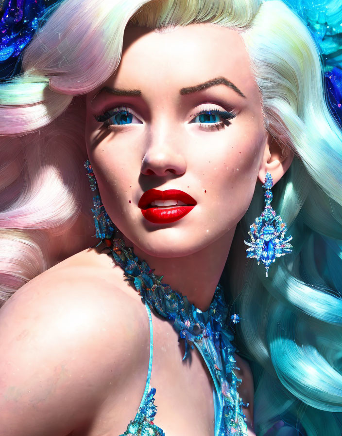 Stylized portrait of woman with vibrant blue hair and red lips