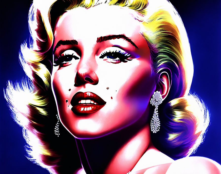Colorful digital portrait of a glamorous woman with blonde wavy hair and sparkling earrings