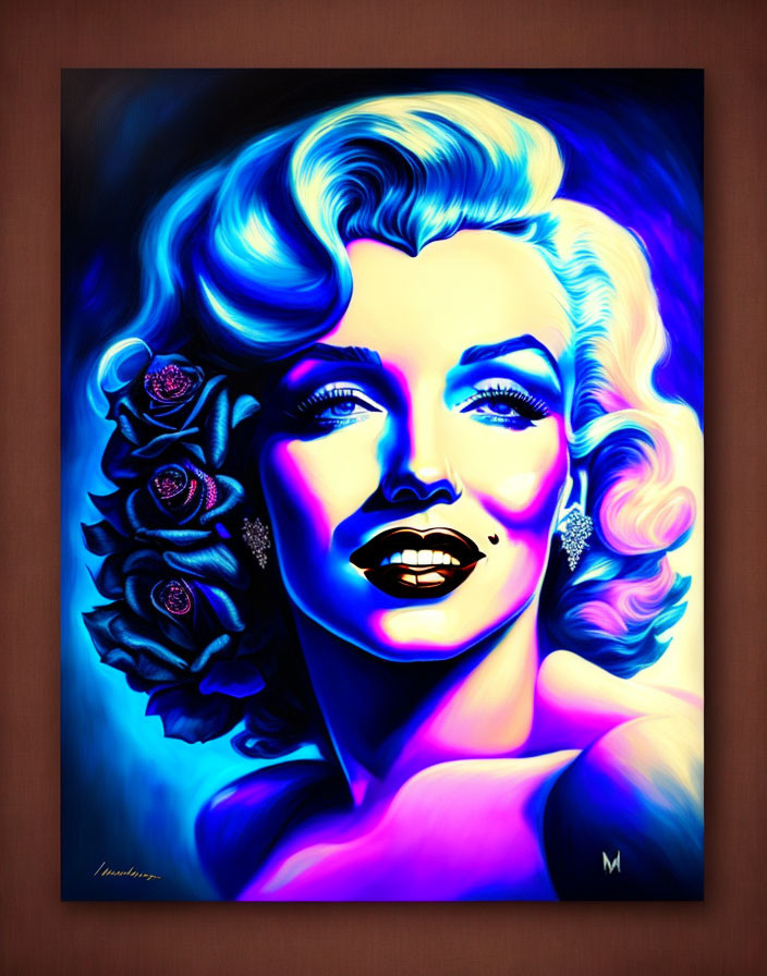 Stylized portrait of smiling woman with blonde hair and roses, exuding classic Hollywood glamour.