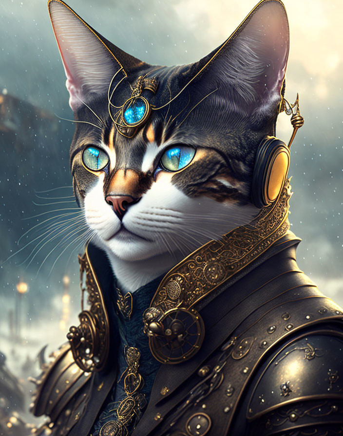 Majestic Cat Digital Art: Blue-Eyed Feline in Golden Armor