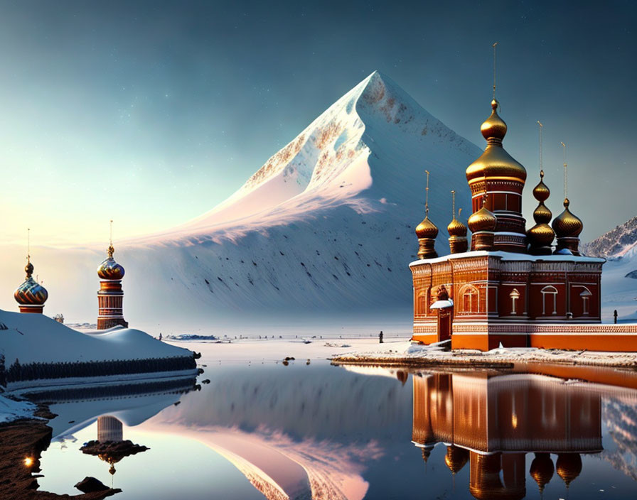 Tranquil landscape with domed structure, snowy mountain, and twilight sky