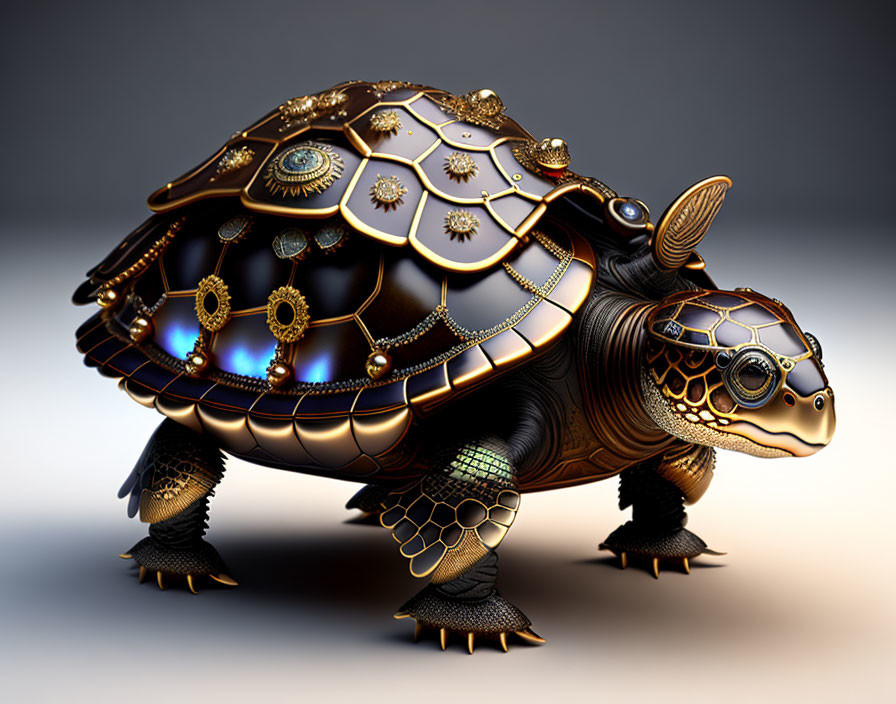 Steampunk-style digitally created turtle with intricate metallic detailing