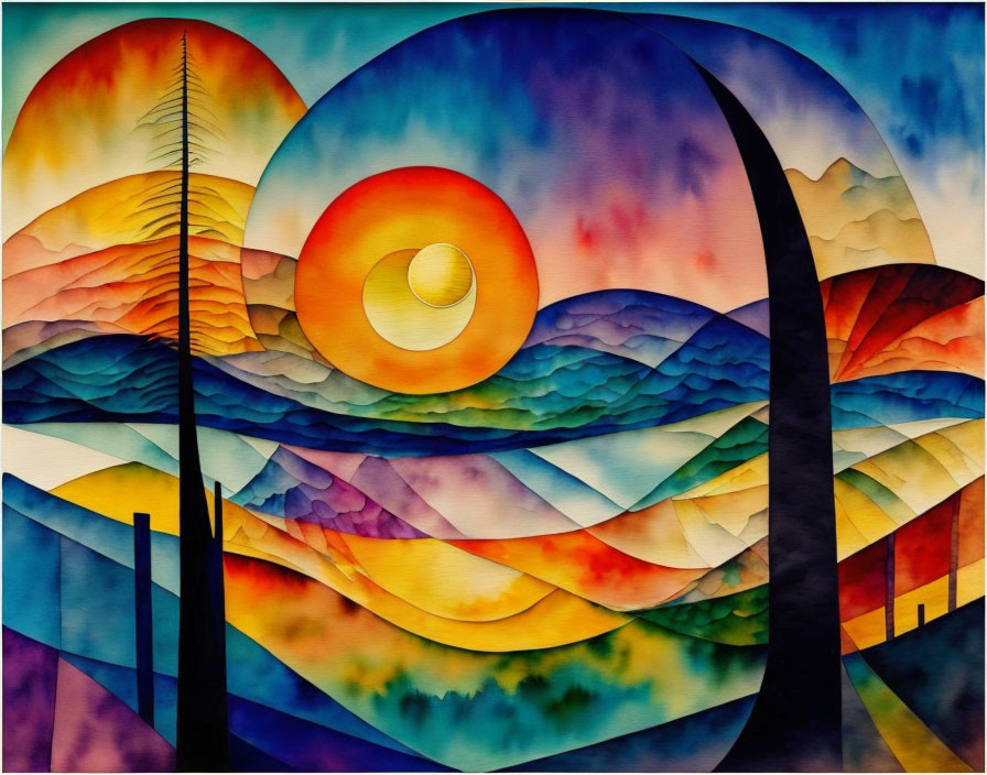 Colorful Abstract Landscape Painting with Swirling Layers and Nature Elements