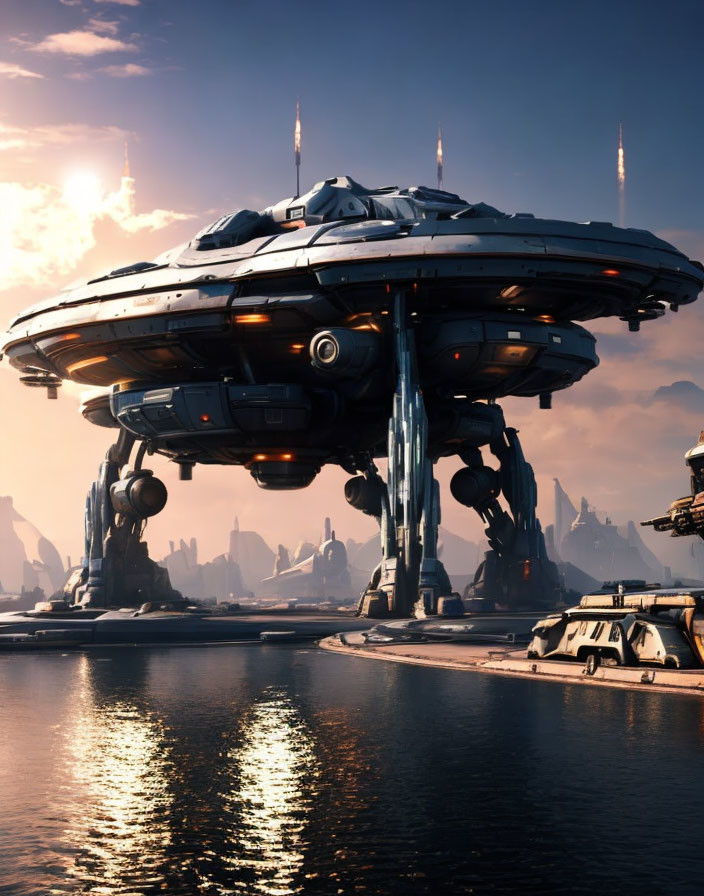 Futuristic cityscape with large spaceship docked near water