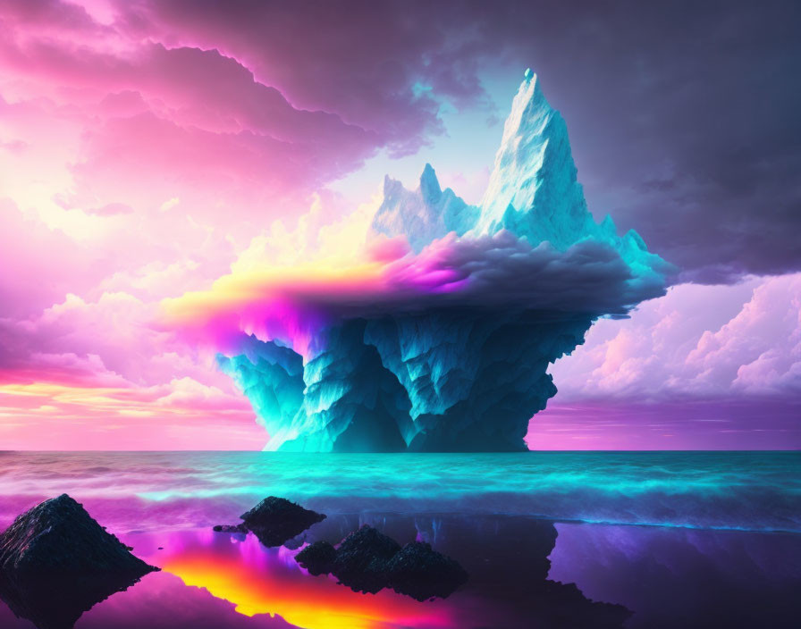 Colossal iceberg glowing in purple and blue hues at sunset