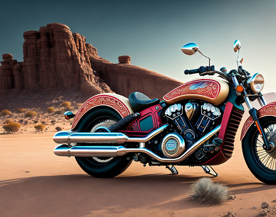 Custom-Painted Red Motorcycle on Desert Sands with Ornate Designs
