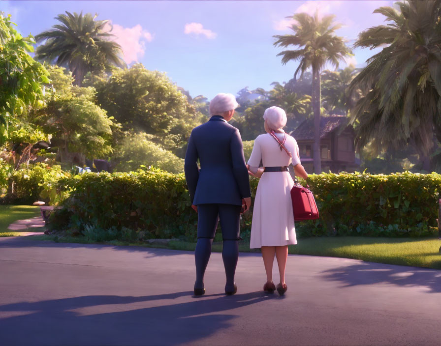 Elderly animated couple strolling in serene tropical garden