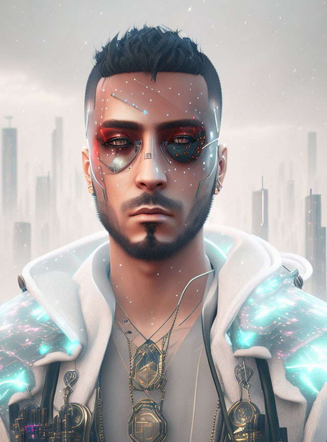 Man with Cybernetic Eye Enhancements in Futuristic Attire and Stylish Haircut against City
