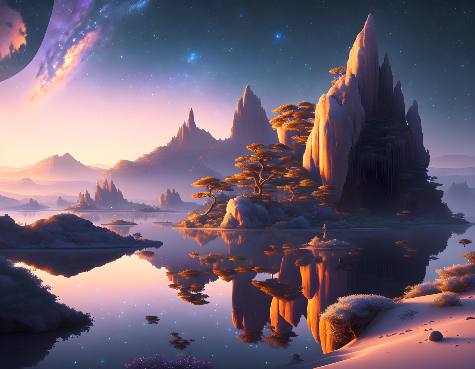 Alien landscape at twilight: towering rocks, reflective water, vegetation, large moon, starry sky
