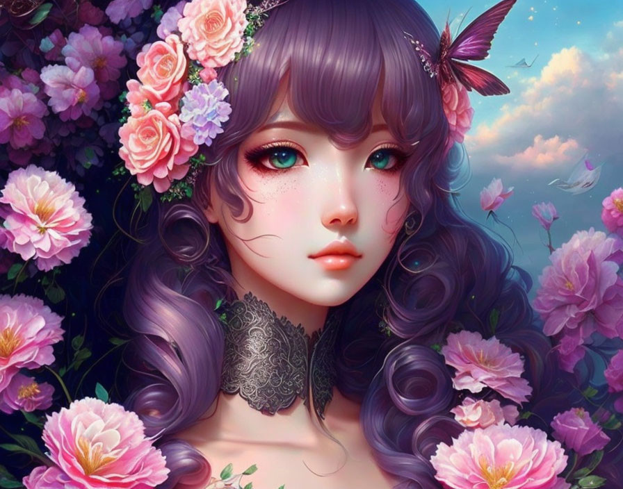 Illustrated girl with violet hair and floral adornments among pink roses under a starlit sky