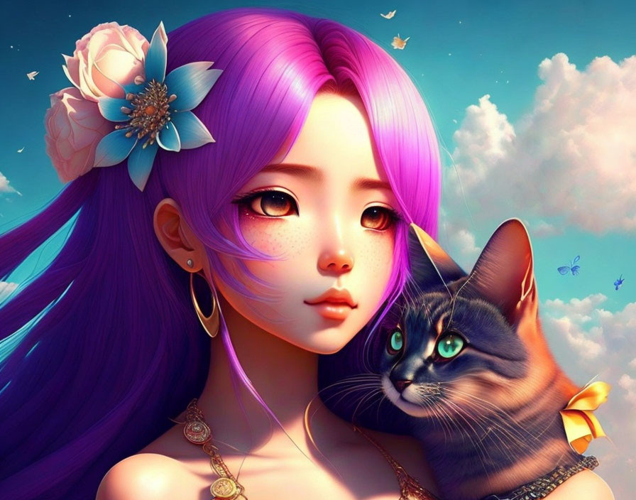 Digital artwork featuring girl with purple hair and blue flower, with cat in bow tie, against whimsical
