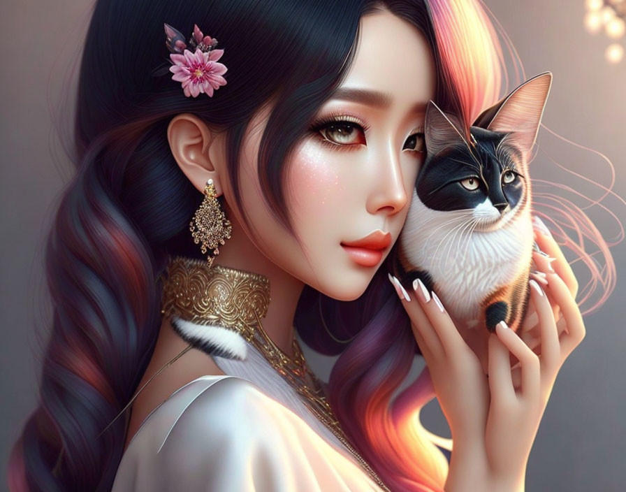 Colorful-haired woman with traditional earrings holding a contemplative cat