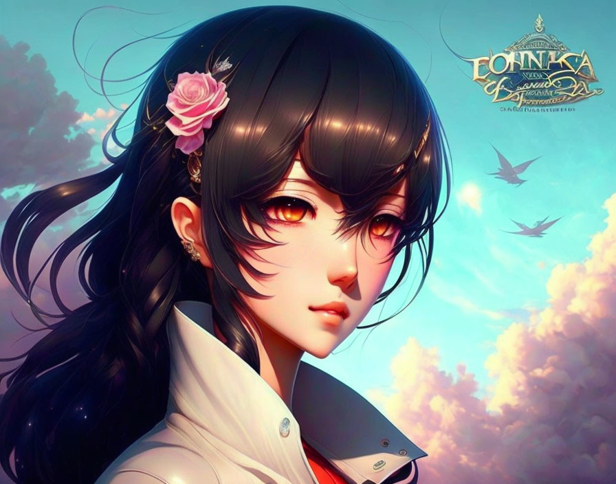 Illustrated female character with expressive eyes, dark hair, pink rose, white outfit, birds, clouds