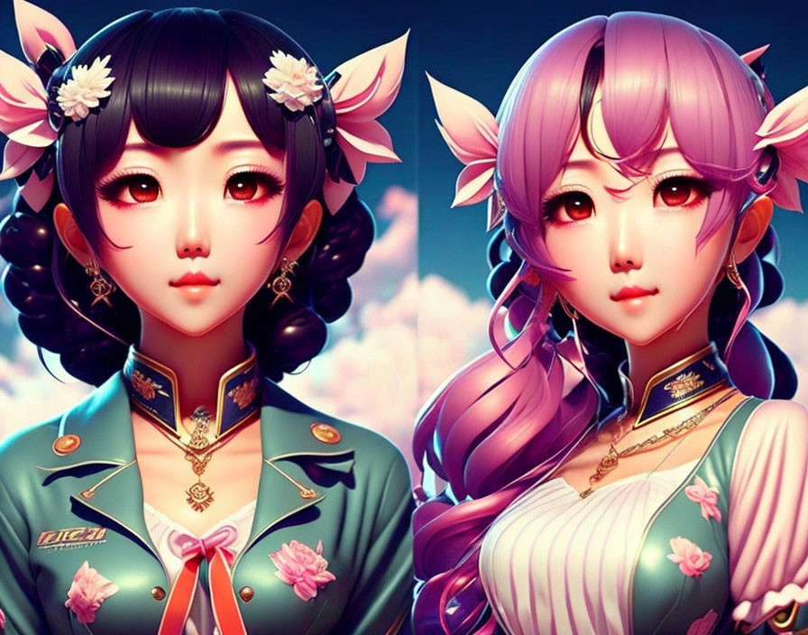 Stylized anime girls with large eyes: one black-haired with flowers, the other pink-haired in