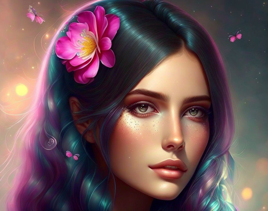 Digital artwork of woman with vibrant blue hair, pink flower, butterflies, sparkling freckles
