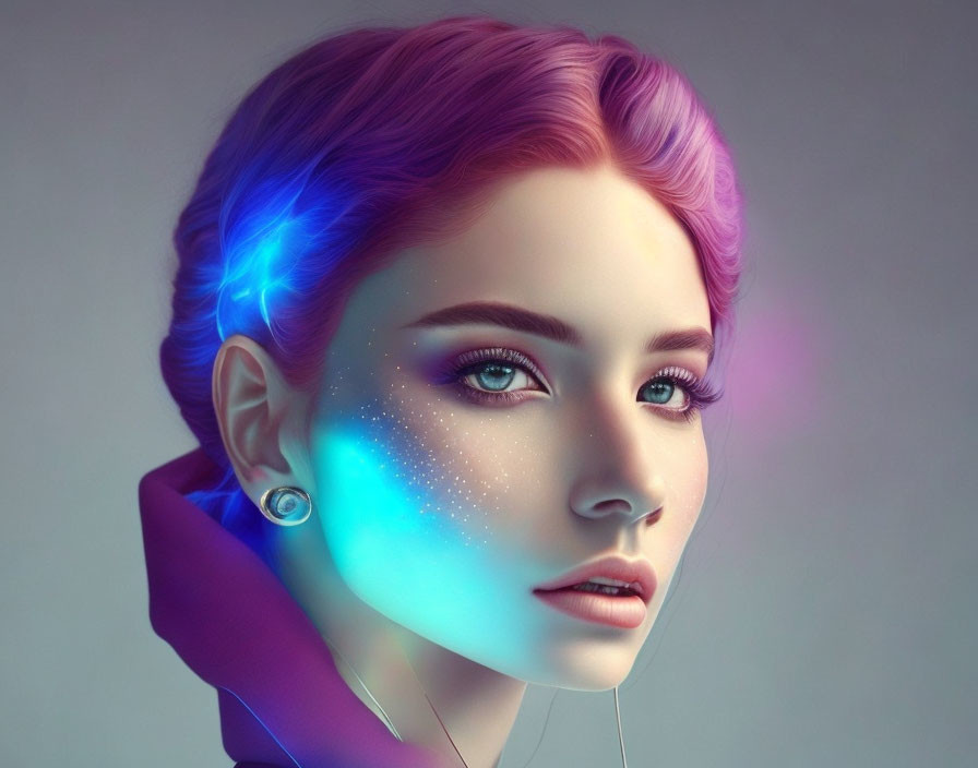 Futuristic digital artwork: woman with purple hair and glowing blue light
