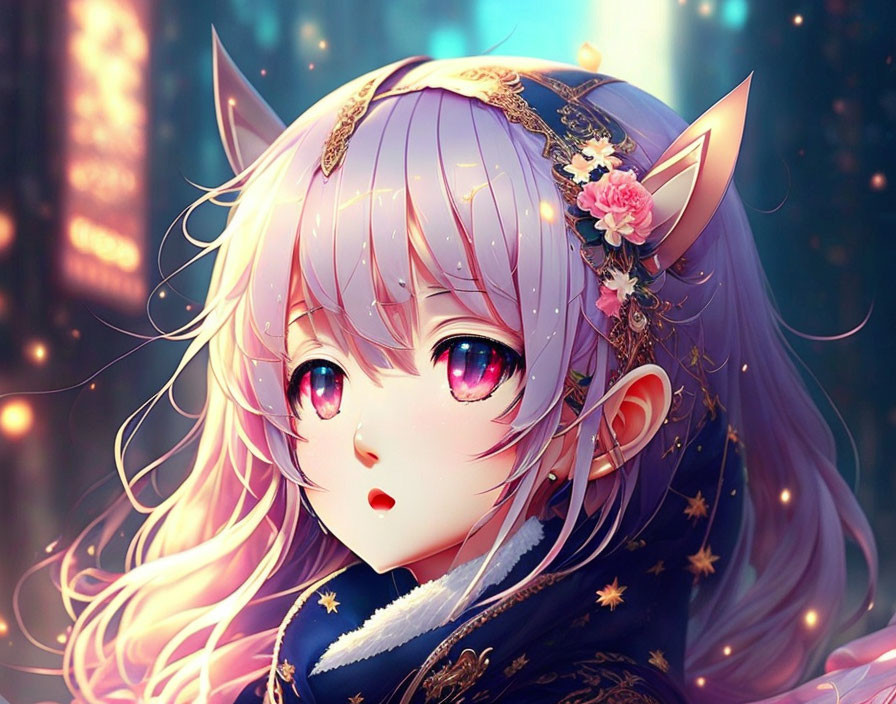 Anime-style character with pink hair, purple eyes, and headdress on sparkly backdrop