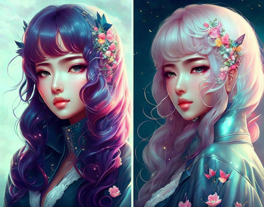 Stylized illustrations of woman with colorful, flowing hair adorned with flowers