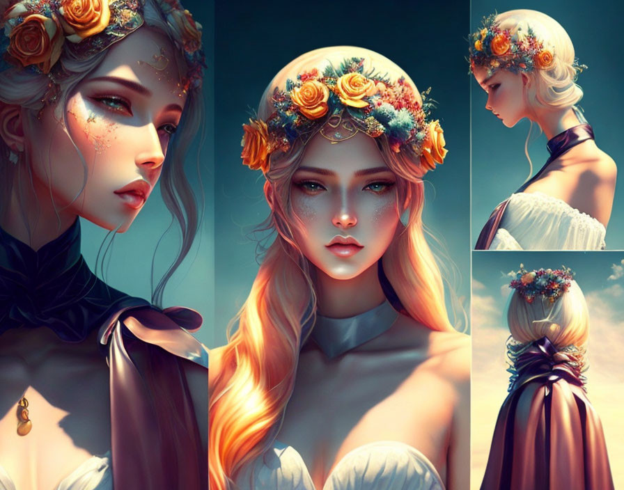 Fantasy female character portraits with floral crown and elegant attire